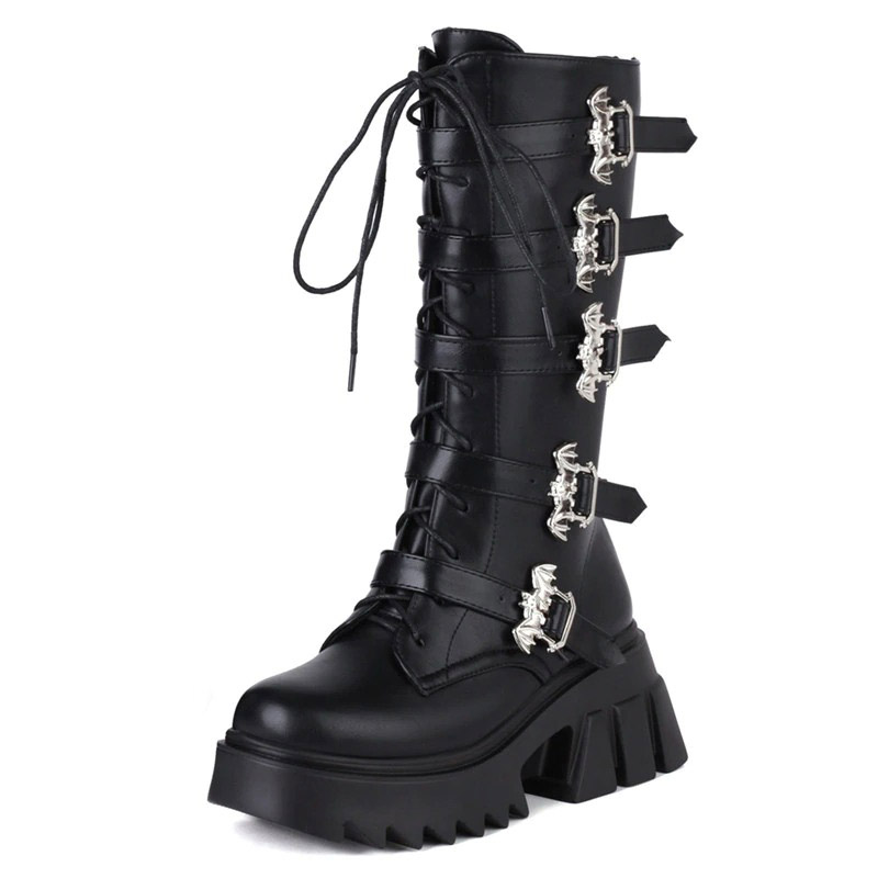 Women's Black Platform Thigh Warm Boots with Bat Buckles / Fashion Mid Calf Patent Leather Boots