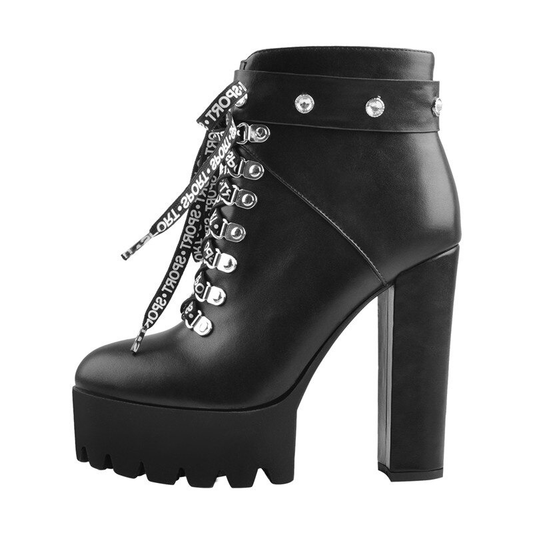 Women's Black PU Leather Round Toe Ankle Boots / Fashion High Heel Boots with Lace Up