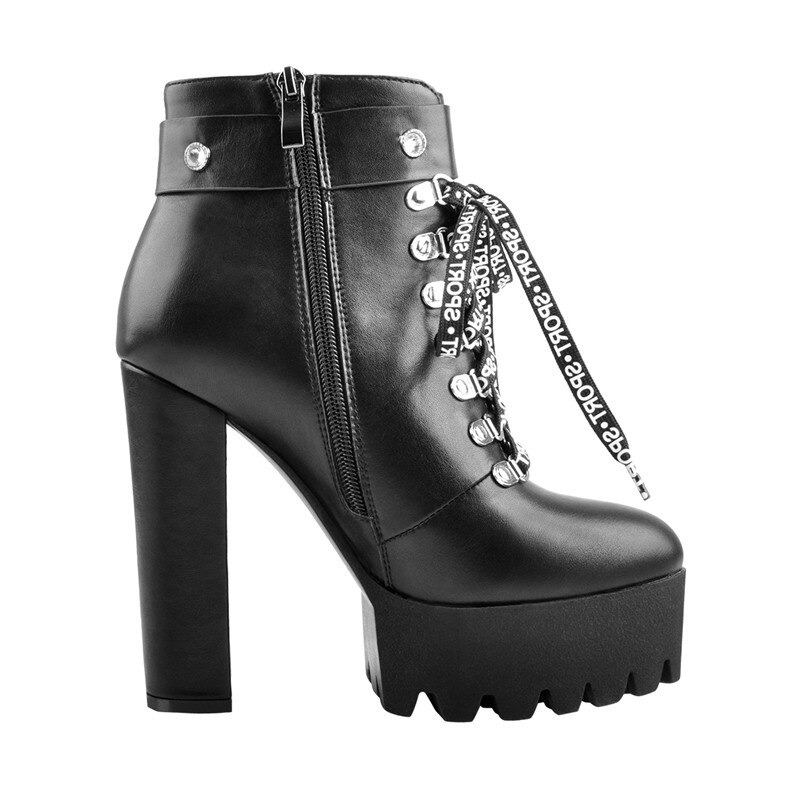 Women's Black PU Leather Round Toe Ankle Boots / Fashion High Heel Boots with Lace Up
