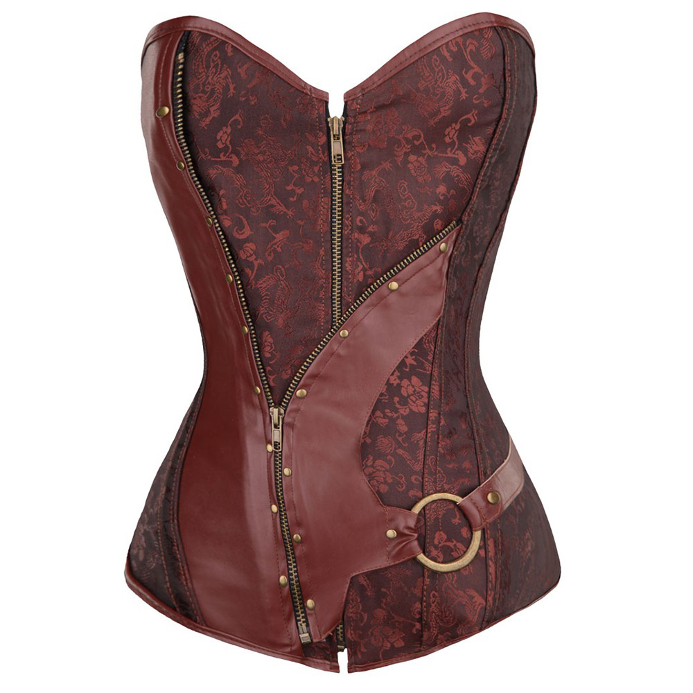 Women's Brocade Overbust Corset With G-String / Steampunk Style Brown Zip-Up Shapewear