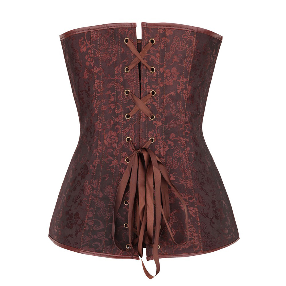 Women's Brocade Overbust Corset With G-String / Steampunk Style Brown Zip-Up Shapewear