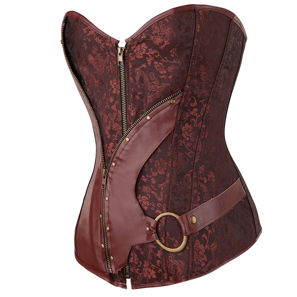 Women's Brocade Overbust Corset With G-String / Steampunk Style Brown Zip-Up Shapewear