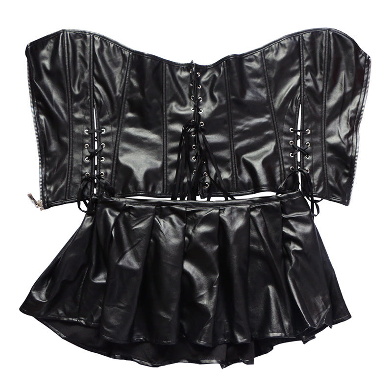 Women's Faux Leather Zipper Front Bustier Corset Dress / Plus Size Gothic Corset Tops With Skirt