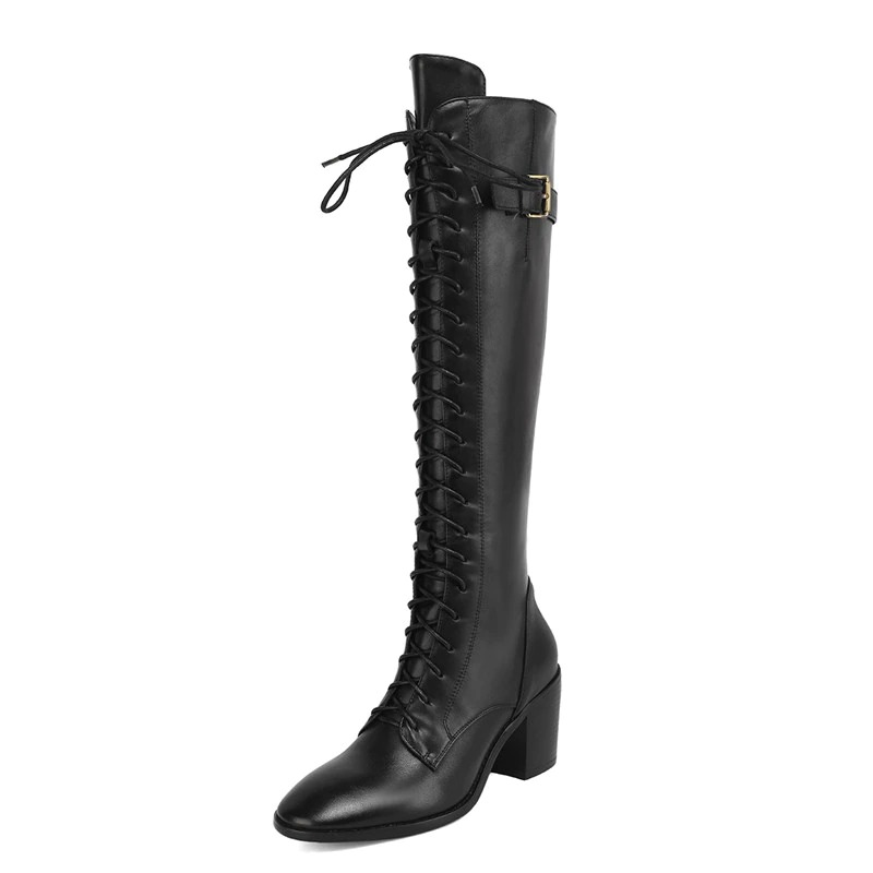 Women's Genuine Leather High Boots with Lace up / Fashion Female Thin Boots with Round Toe