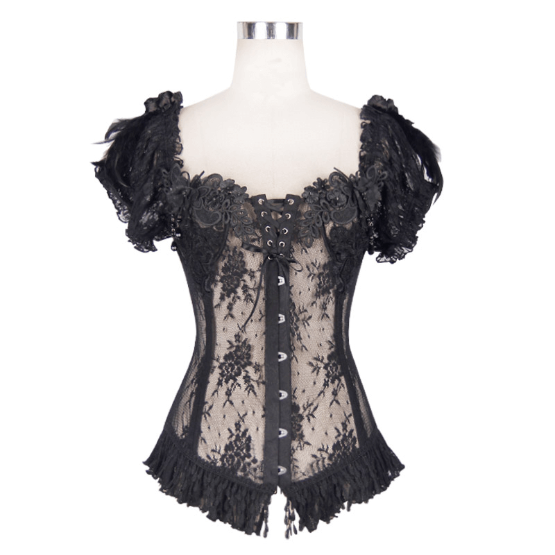 Women's Gothic See Through Lace Up Corset With Feather & Flowers / Elegant Sexy Lace Black Corsets