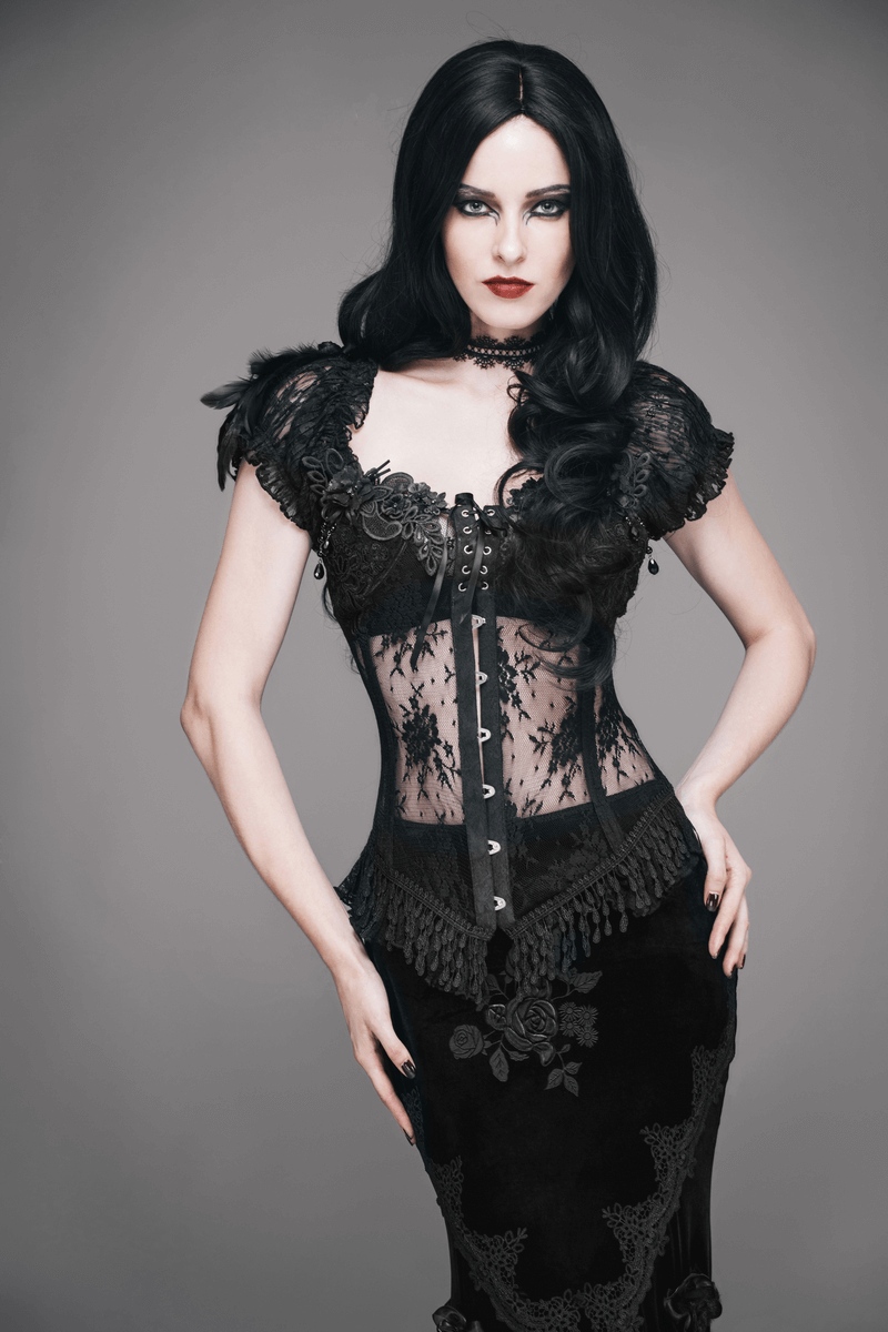 Women's Gothic See Through Lace Up Corset With Feather & Flowers / Elegant Sexy Lace Black Corsets