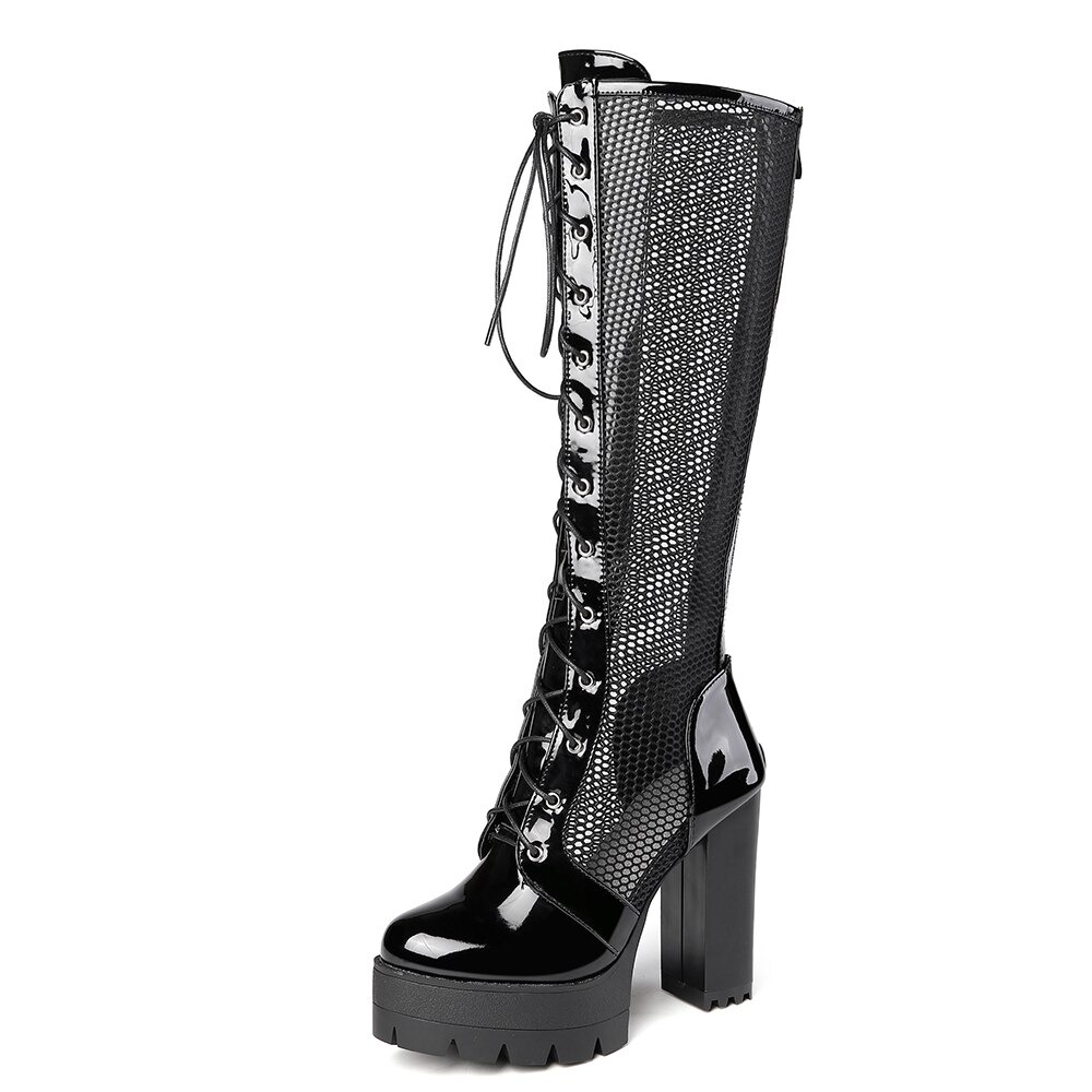 Women's Patent Leather Knee-High Mesh Boots / High Heels Breathable Shoes With Zippers