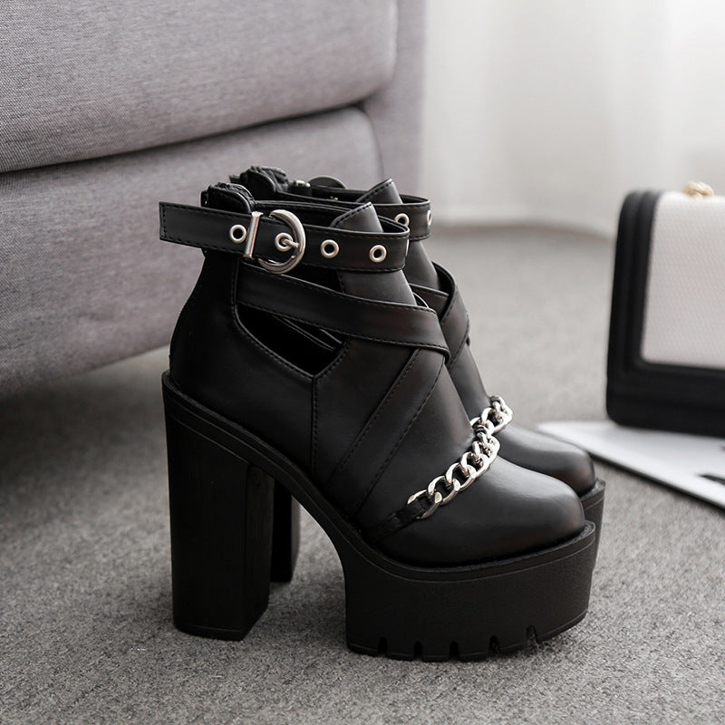 Women's Platform Ankle Boots with Chain from Front / Gothic Waterproof Platform High Heel Shoes