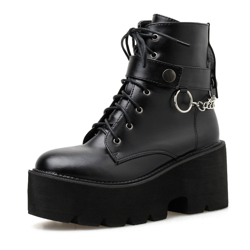 Women's PU Leather Black Autumn Boots / Gothic Style Chain Platform Shoes