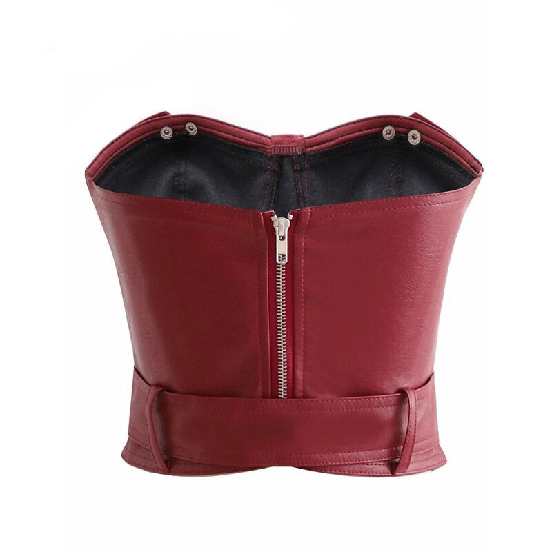 Women's Red Top With Faux Leather / Lady's Sleeveless Sexy Top With Belt and Zipper