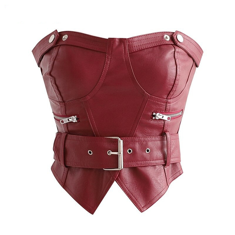 Women's Red Top With Faux Leather / Lady's Sleeveless Sexy Top With Belt and Zipper
