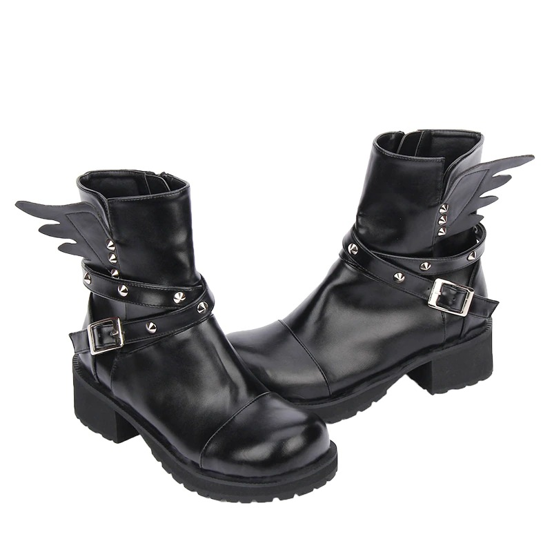 Women's Rivet Boots with Buckle Strap & Wings / PU Leather Square Heels Punk Boots