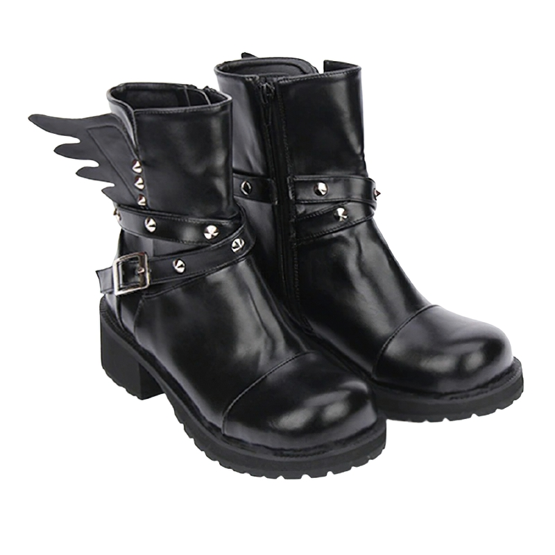 Women's Rivet Boots with Buckle Strap & Wings / PU Leather Square Heels Punk Boots