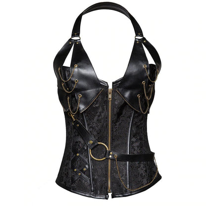 Women's Sexy Steampunk Corset With Strap And Chains / Halter Neck Retro Lingerie With G-Strings