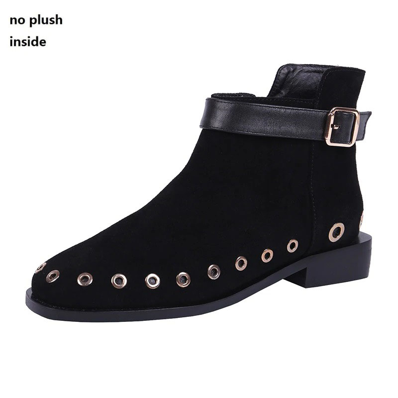 Women's Suede Ankle Boots with Buckle / Ladies Rivet Square Toe Boots