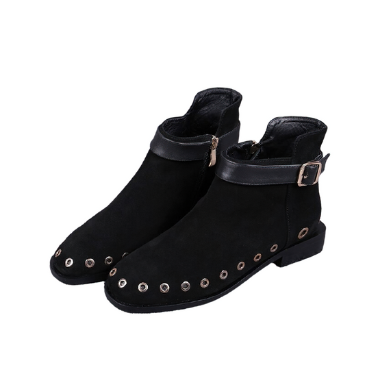 Women's Suede Ankle Boots with Buckle / Ladies Rivet Square Toe Boots