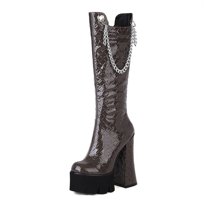 Women's Super High Heel Platform Boots / Fashion Patent Leather Knee High Boots with Weave Chain