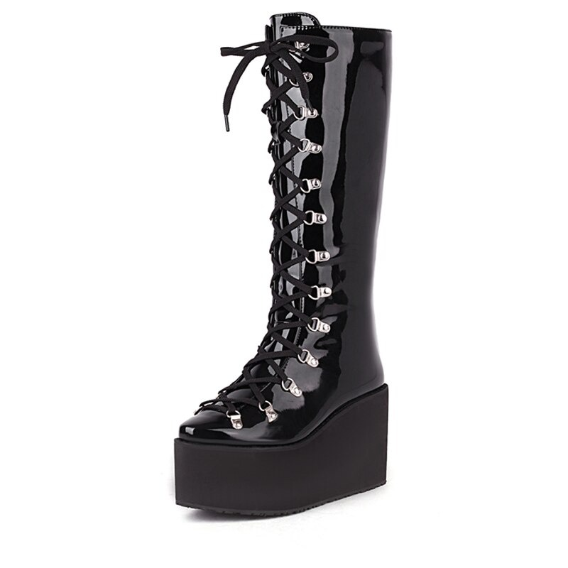 Women's Super High Thick Bottom Boots with Lace Up / Gothic Black Platform Shoes